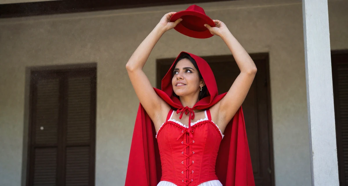 A romantic Female From Mexico, studied public relations in their 48, preparing for long-term financial planning, wearing a red riding hood inspired cape and corset dress, tipping a hat in a front porch.