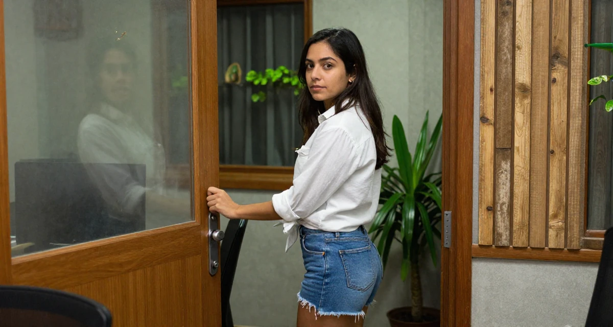 A settled Female Born in Colombia, majored in media innovation in their 41, focusing on financial independence and investing, wearing a button-down shirt tied at the waist and denim cutoffs, pulling a door open in a radio station.