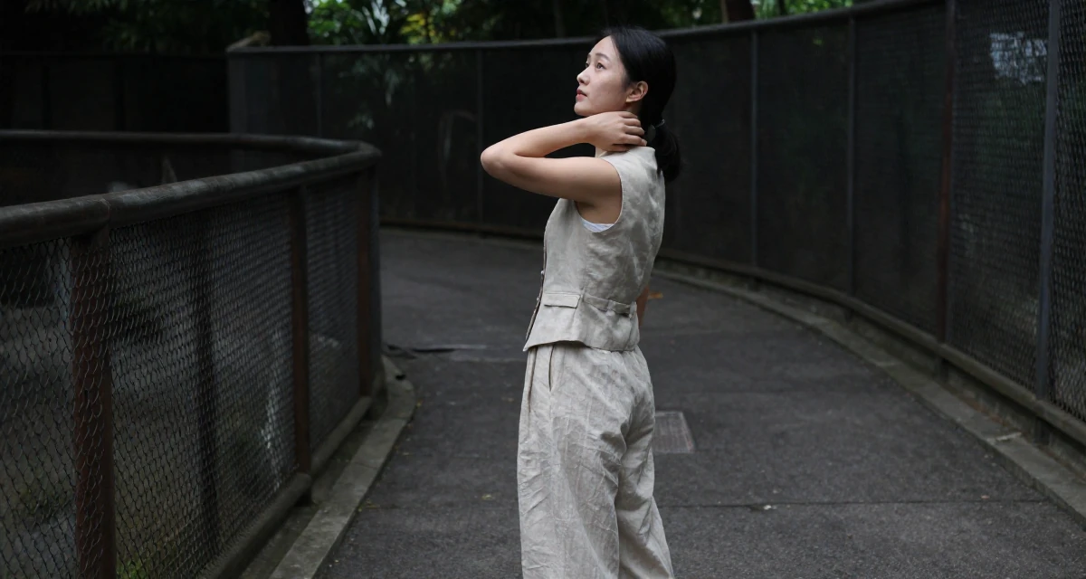 A fearless Female From Suzhou China, grew up in a family tailoring business, learning costume craft in their 22, sacrificing weekends for content planning, wearing a sleeveless vest top and wide-leg linen pants, stretching the neck in a zoo enclosure path.