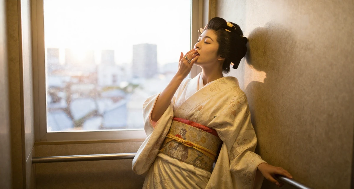 A vibrant and alive Female From Kyoto Japan, practiced artistic nude photography as self-expression in their 24, understanding long-term consequences of choices, wearing a shrine maiden outfit with a short hakama skirt, playing with a ring in a corporate elevator.