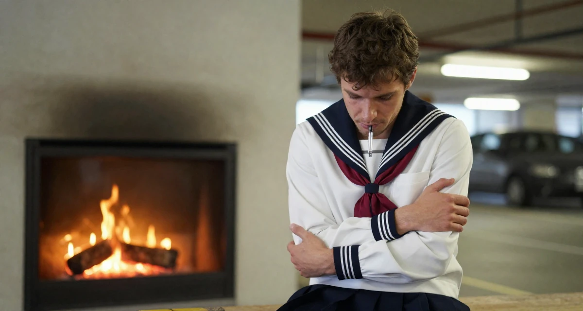 A reassured male From Germany, majored in environmental science in their 22, mourning the loss of the university community, wearing a Japanese school sailor uniform (seifuku) with a pleated skirt, chewing on a pen thoughtlessly in a underground parking garage.