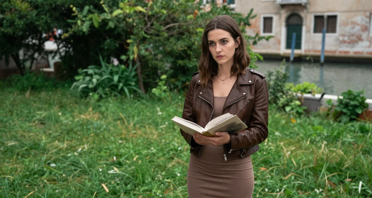 A reflective Female Once a real-estate assistant, now a full-time self-portrait artist in their 22, facing judgment from people who don’t understand creator life, wearing a cropped leather jacket and a bodycon dress, opening a book in a grassy field.