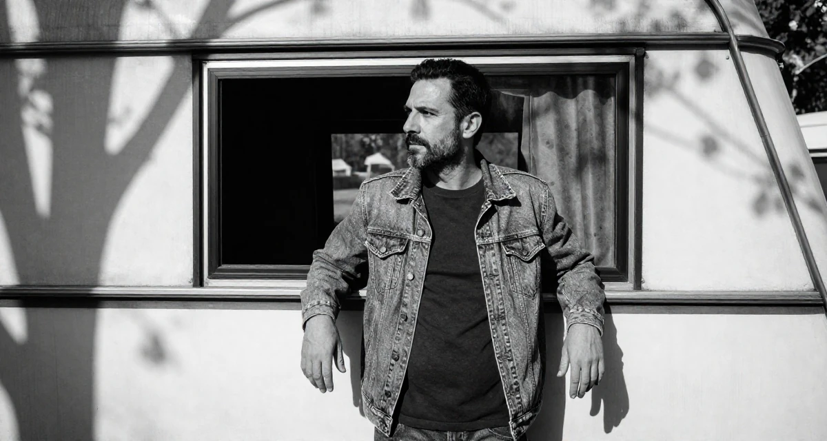 A proud and dignified male From Italy, majored in law in their 30, accepting that ambition doesn’t erase exhaustion, wearing a fashionable denim on denim, looking out the window in a camping site.