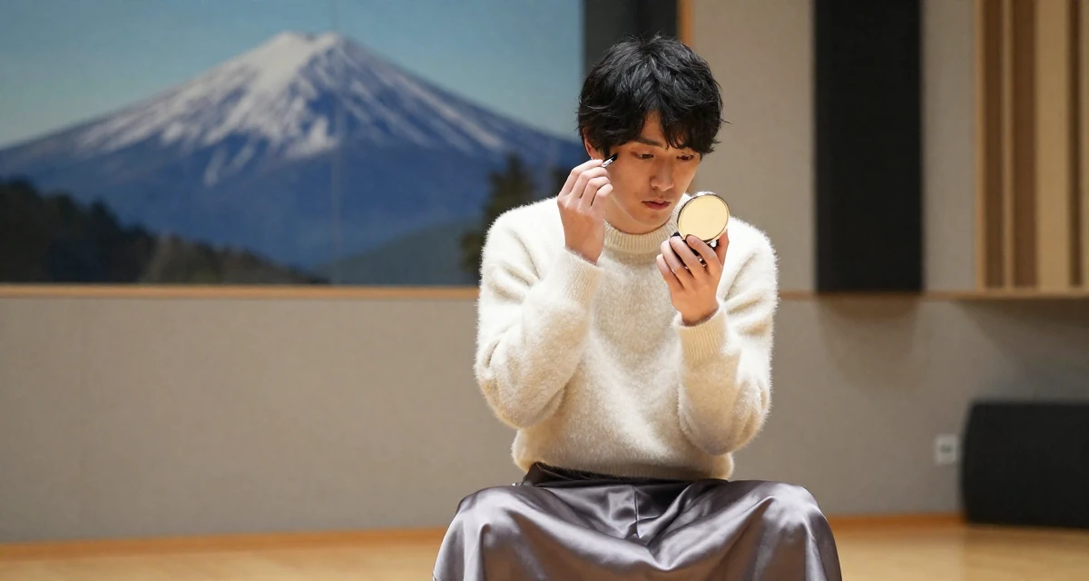 A wistful male From Japan, majored in animation in their 25, understanding which content gains real engagement, wearing a satin midi skirt and a fuzzy cropped sweater, checking makeup in a compact mirror in a recording booth.
