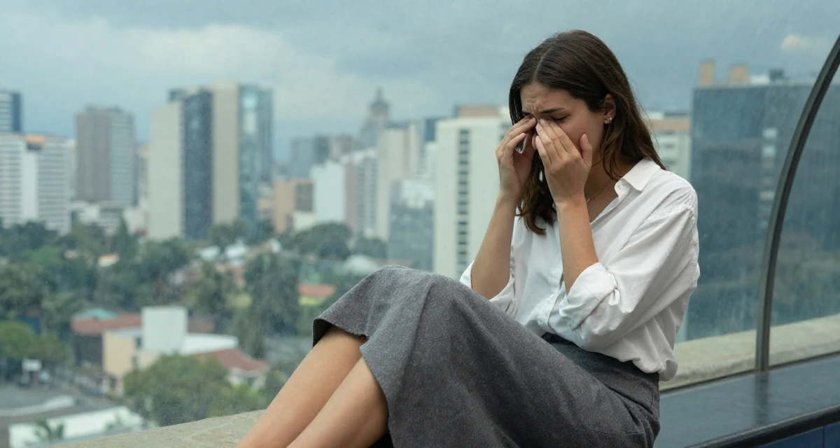 A patient Female From Córdoba Argentina, studied biomedical engineering in their 29, dealing with social pressure to “settle down”, wearing a asymmetrical hem skirt and a crisp white shirt, rubbing eyes in a aquarium tunnel.