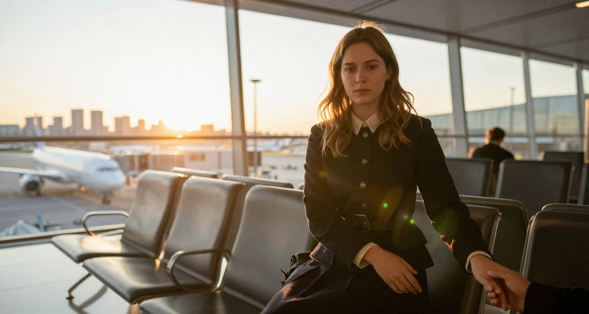 A timid Female From Sweden, majored in industrial engineering in their 25, discovering early creative passions, wearing a dark academia inspired outfit, holding hands with someone unseen in a airport departure lounge.
