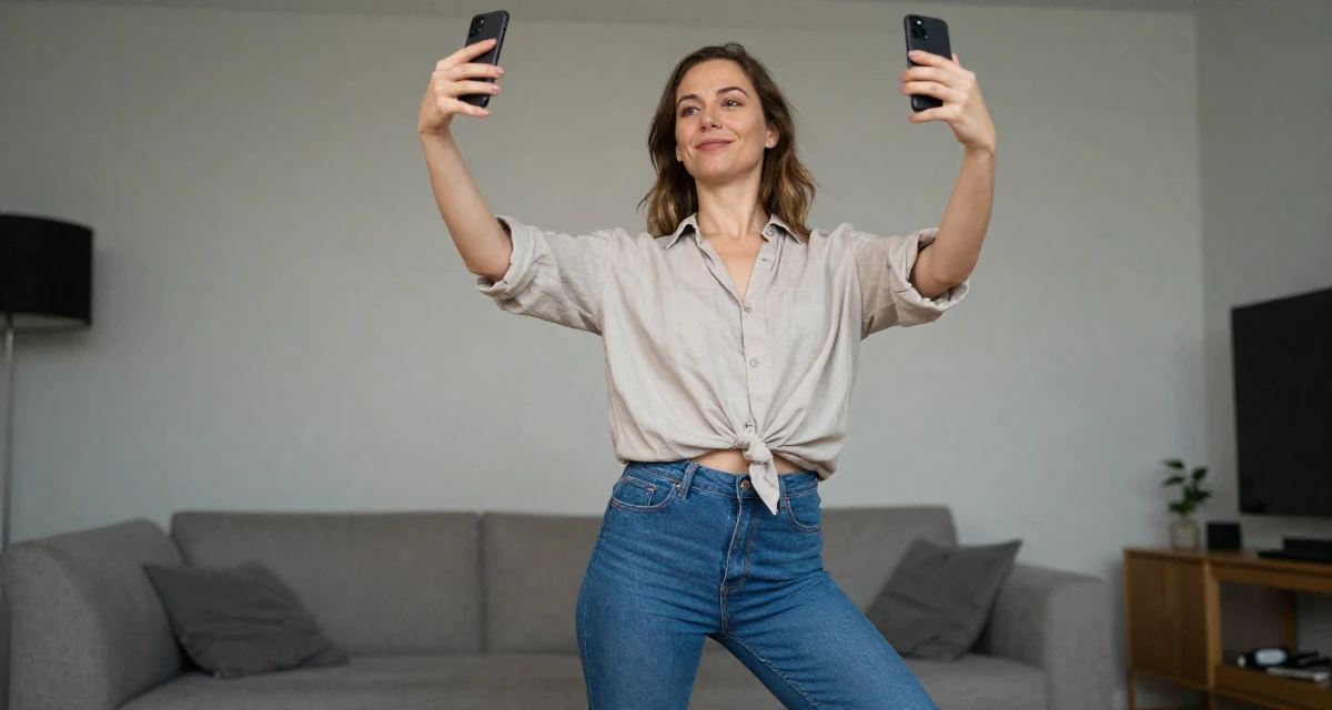 A sympathetic Female From Oslo Norway, learned sensual choreography through contemporary dance in their 23, balancing risk-taking with stability needs, wearing a loose fitting blouse tucked into tight jeans, posing for a selfie in a modern apartment living room.