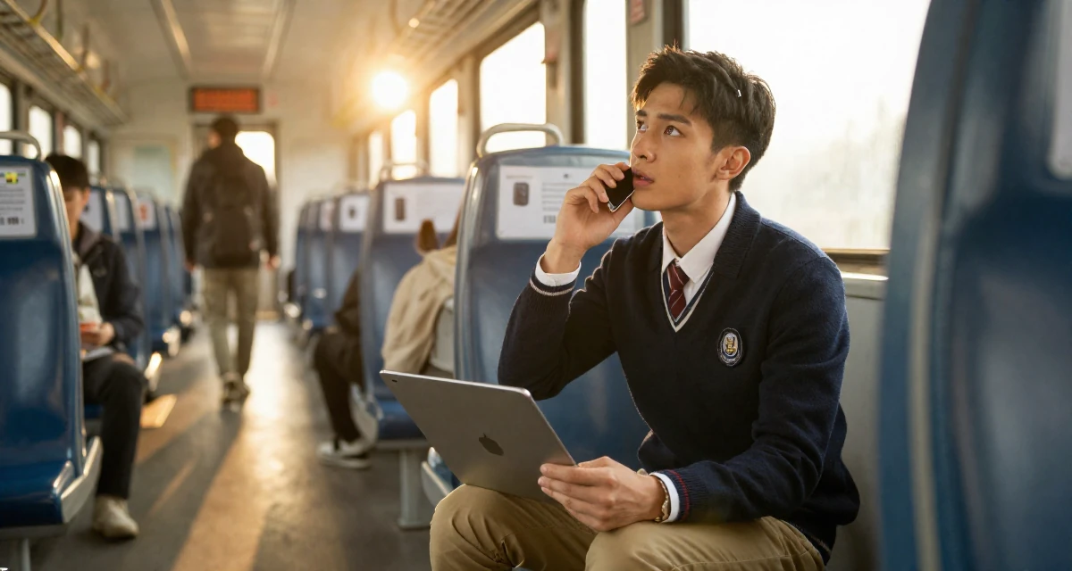 A assertive male Former phone-shop clerk, now combining tech and lifestyle content in their 22, learning that fans disappear as fast as they come, wearing a classic collegiate style, taking a deep breath in a train carriage.