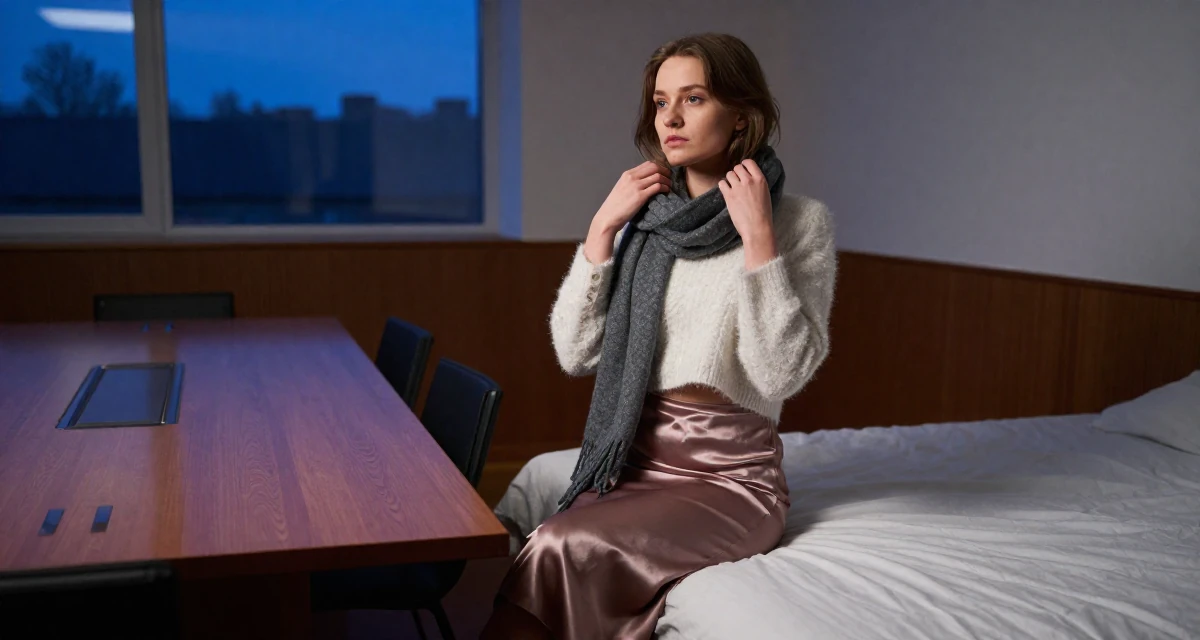 A absent-minded Female From Estonia, based in Tartu, graduated from a state university majoring in digital culture in their 23, balancing sensual creativity with school deadlines, wearing a satin midi skirt and a fuzzy cropped sweater, adjusting a scarf in a concert hall.