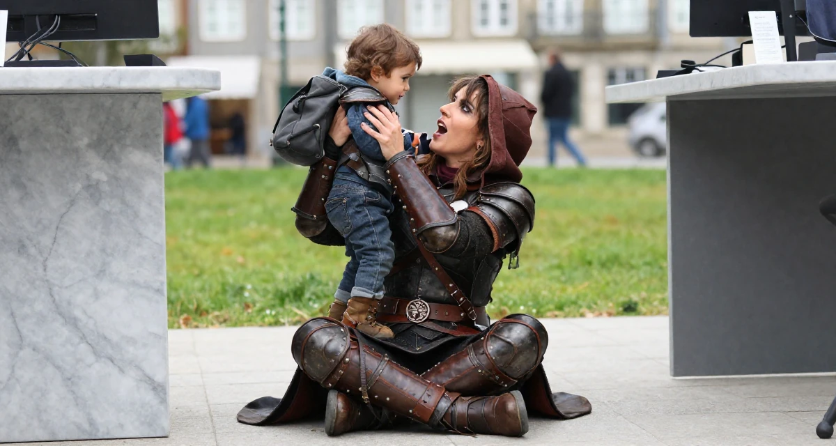 A energetic Female From Porto Portugal, studied creative makeup for expressive shoots in their 35, raising a toddler while building a business, wearing a fantasy rogue leather armor with a hood, looking through a bag in a grassy field.