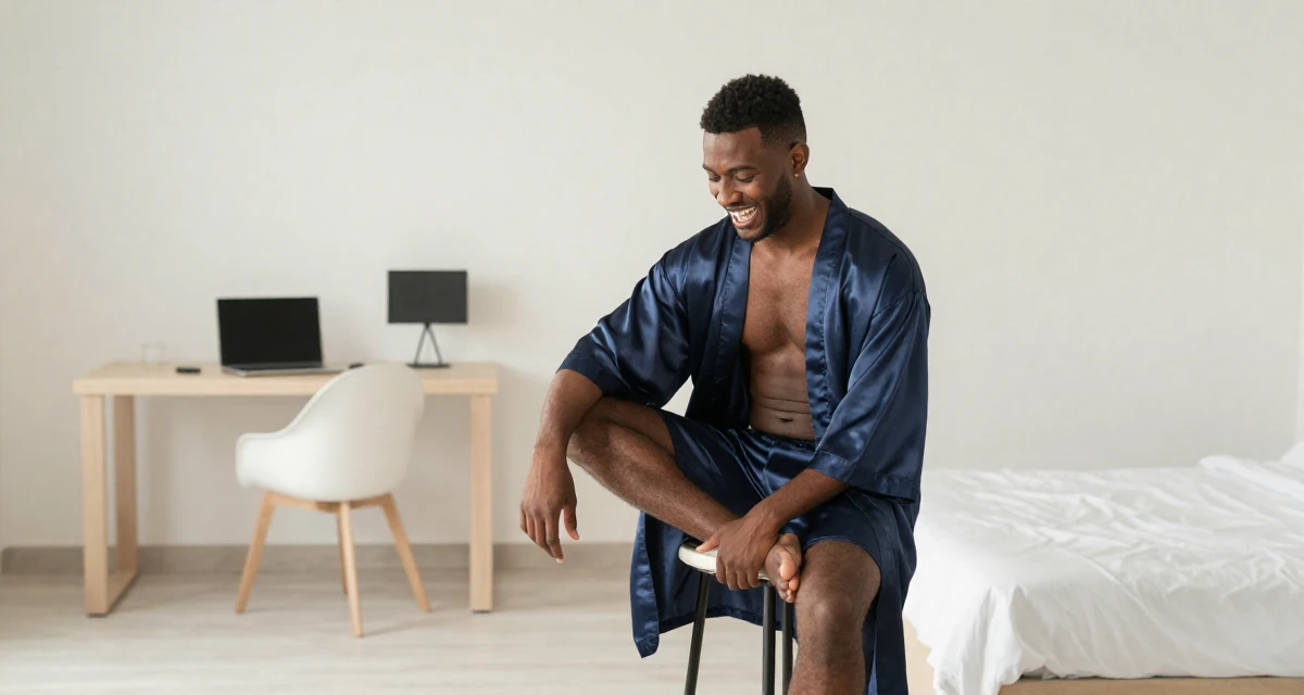 A playful and energetic male From Morocco, majored in web development in their 23, learning to convert sensual confidence into stable income, wearing a silky kimono robe worn open over loungewear, tapping a foot in a minimalist bedroom.