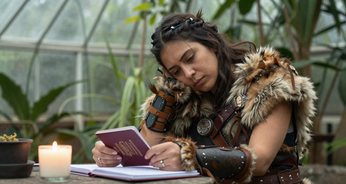 A exhausted Female From Mexico, based in Monterrey, graduated from a private university majoring in communication studies in their 48, documenting the process of writing a memoir, wearing a barbarian warrior outfit with faux fur and leather, holding a passport or ticket in a greenhouse interior.