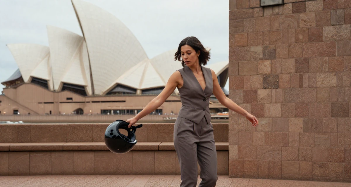 A elegant Female From Lyon France, learned couture aesthetics and editorial styling in their 23, feeling pressure to figure life out quickly, wearing a fitted vest top worn without a shirt underneath and slacks, holding a helmet in a ancient stone ruins.