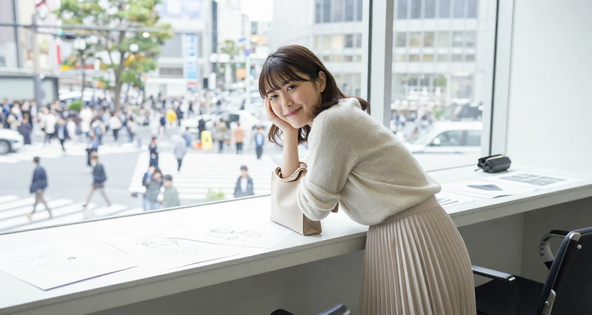 A flirty Female Former security guard, now a bold confidence-themed creator in their 22, comparing growth with other creators and feeling pressure, wearing a soft cashmere sweater and a pleated midi skirt, holding a purse tightly in a waiting room.