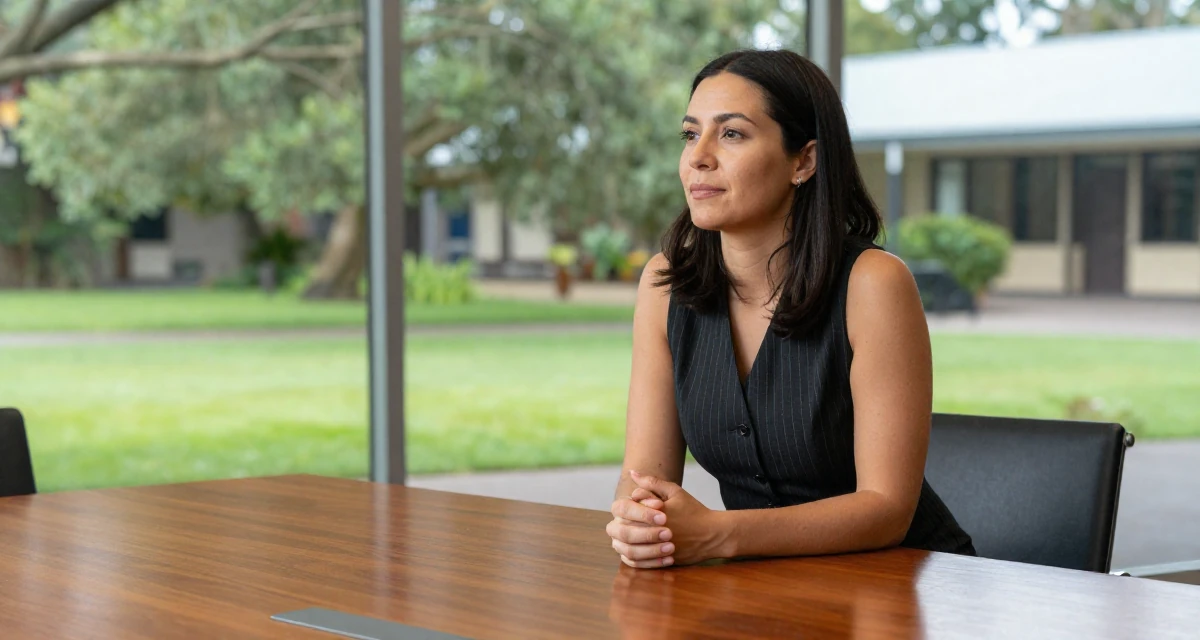 A reflective Female From Australia, has a diploma in business administration in their 40, embracing natural beauty and self-acceptance, wearing a pinstripe pencil skirt and a matching vest top, clasping hands together in a university campus.
