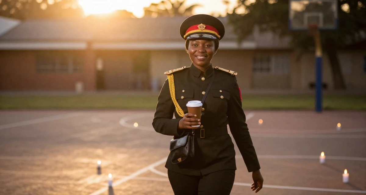 A sweet Female From Cameroon, majored in applied statistics in their 20, fueled by caffeine and late-night ambition, wearing a imperial officer uniform with a peaked cap, holding a purse tightly in a basketball court.