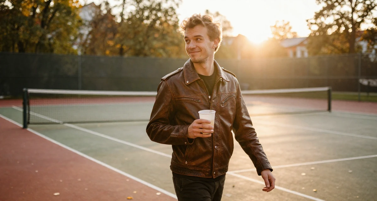 A witty male From Tampere Finland, learned intimate storytelling through slow-mode videography in their 24, learning to prioritize emotional well-being, wearing a vintage-inspired leather jacket look, holding a cold drink in a tennis court.