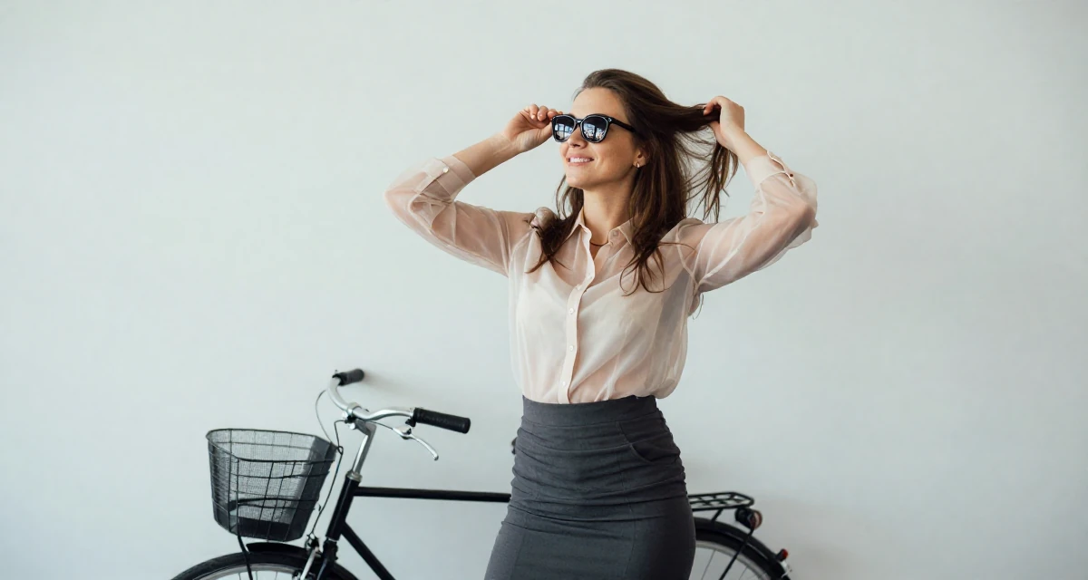 A hopeful Female From Belarus, studied performance media in their 22, maintaining emotional distance while delivering flirty energy, wearing a sheer sleeve blouse and a high-waisted skirt, putting on sunglasses in a airport terminal.