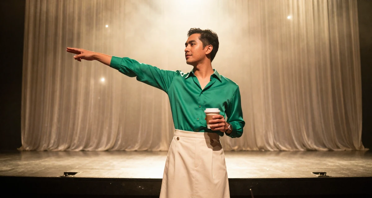 A subtly confident male From Jakarta Indonesia, majored in fashion merchandising in their 20, exploring identity through bold fashion choices, wearing a emerald green silk blouse and a cream skirt, holding a cup of coffee in a empty theater stage.