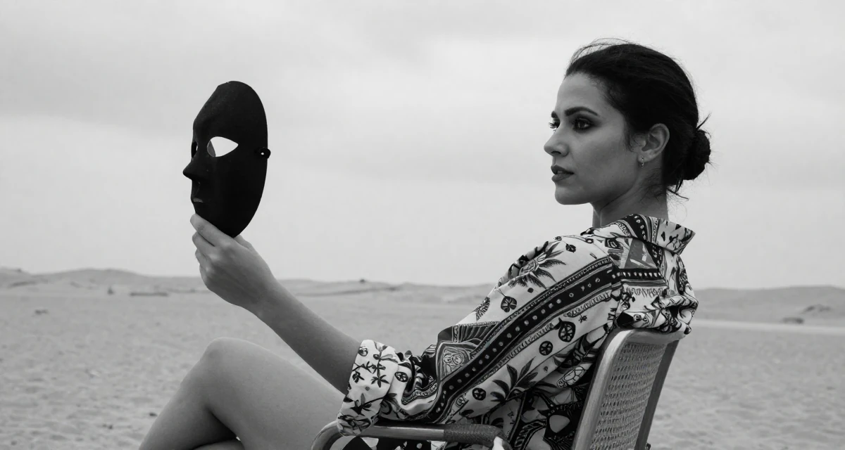 A dignified Female Former hotel housekeeper, now offering intimate behind-the-scenes content in their 23, using confidence as the core of seductive branding, wearing a relaxed fit patterned shirt, holding a mask (cosplay/prop) in a desert landscape.