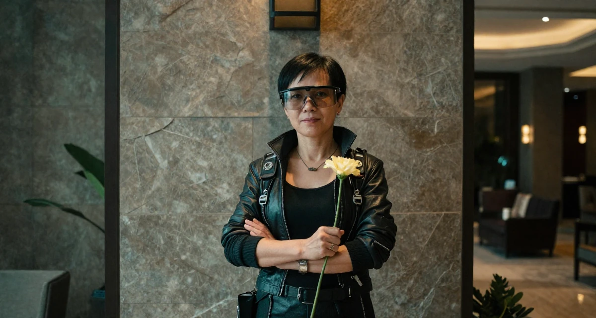 A sincere Female From Hanoi Vietnam, holds a degree in economics in their 50, golden jubilee celebration of life, wearing a cyberpunk hacker outfit with oversized tech glasses, holding a flower in a luxury hotel lobby.