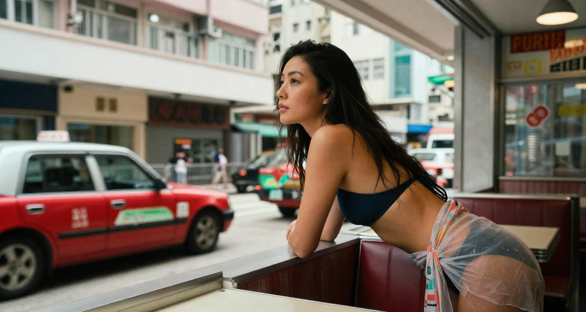 A placid Female From Hong Kong, based in Kowloon, graduated from a community college majoring in film studies in their 23, saving aggressively for a dream travel trip, wearing a sheer sarong skirt over a swimsuit, watching traffic pass by in a retro 50s diner.
