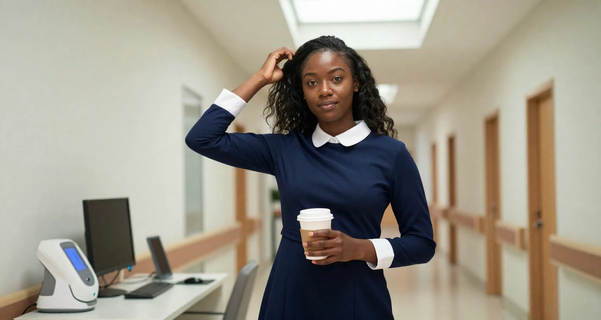 A soft Female From Nairobi Kenya, trained in expressive dance and confident movement in their 25, fighting comparison with creators who grew faster, wearing a navy blue dress with white collar and cuffs, holding a coffee cup with both hands in a hospital corridor.