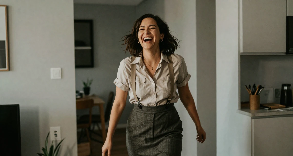 A moody Female Former nurse in her late 20s, now building a wellness-focused creator brand in their 20, chasing creative dreams despite parental skepticism, wearing a high-waisted skirt with suspenders and a shirt, laughing uncontrollably in a modern apartment.
