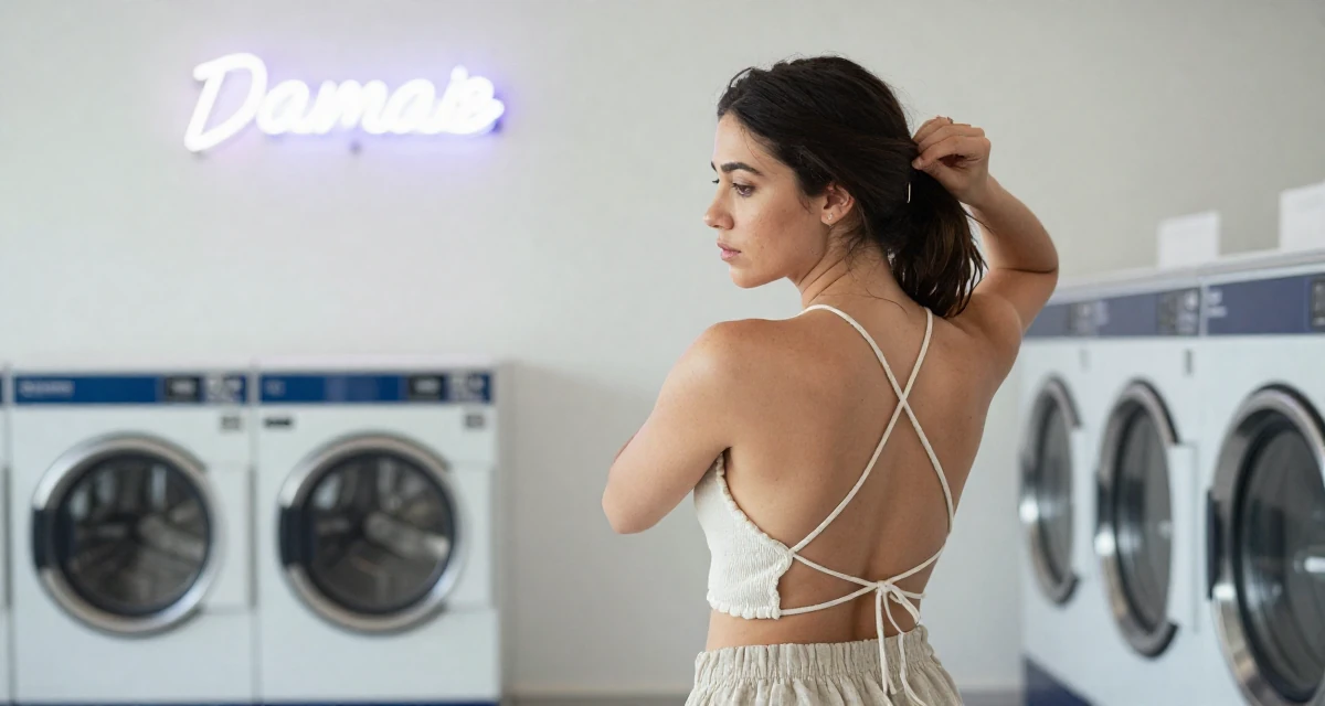 A wistful Female From USA, studied marketing and consumer behavior in their 23, experimenting with cooking and home life, wearing a criss-cross halter neck top and linen shorts, adjusting a hairpin in a laundromat with neon signs.