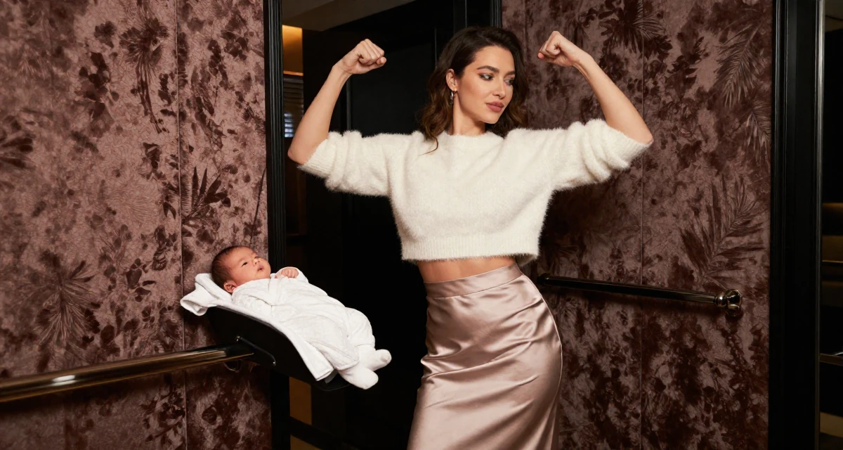 A longing male Once a delivery driver, now a confidence-focused body-positive creator in their 35, caring for a newborn, wearing a satin midi skirt and a fuzzy cropped sweater, grabbing a railing for support in a luxury spa room.