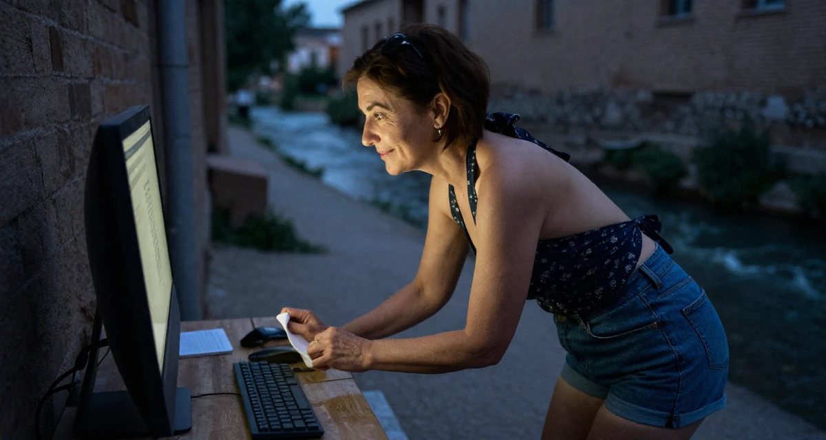 A satisfied Female From Uzbekistan, majored in information systems in their 51, switching careers later in life, wearing a backless halter top and denim shorts, pulling up a sock in a quiet alleyway.