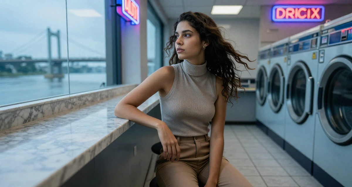 A fragile Female From Brazil, majored in sociology in their 23, looking sophisticated but feeling lost inside, wearing a sleeveless turtleneck top and tailored cigarette pants, glancing sideways in a laundromat with neon signs.