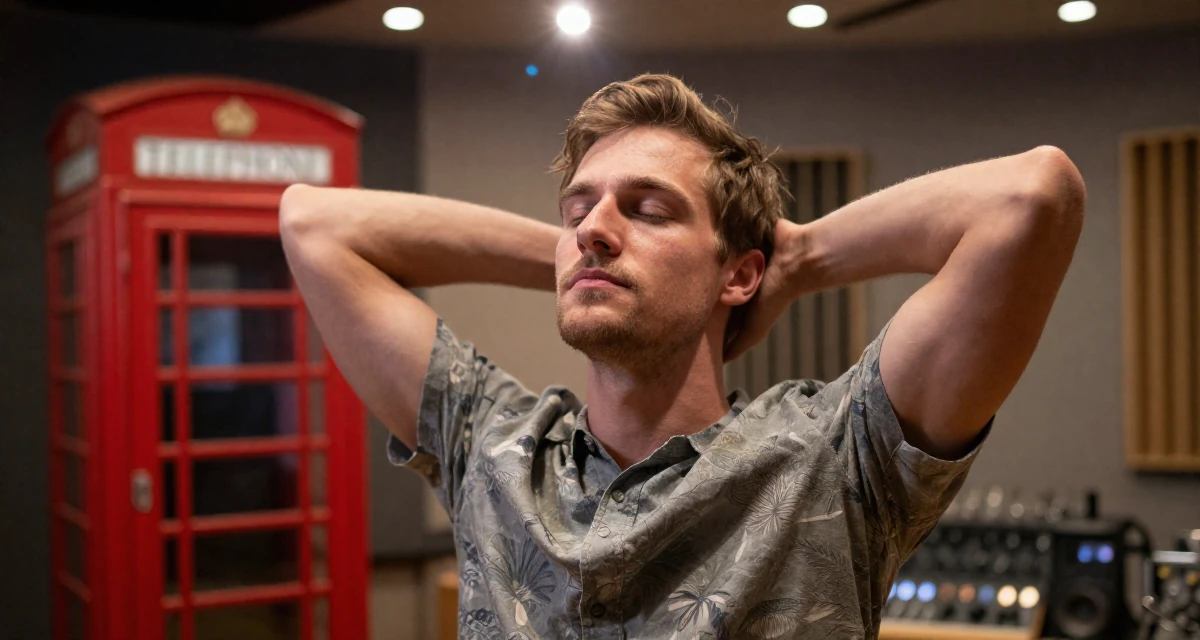 A soulful male From Denmark, majored in data analytics in their 23, taking first serious steps toward independence, wearing a relaxed vacation shirt, taking a deep breath in a music studio.