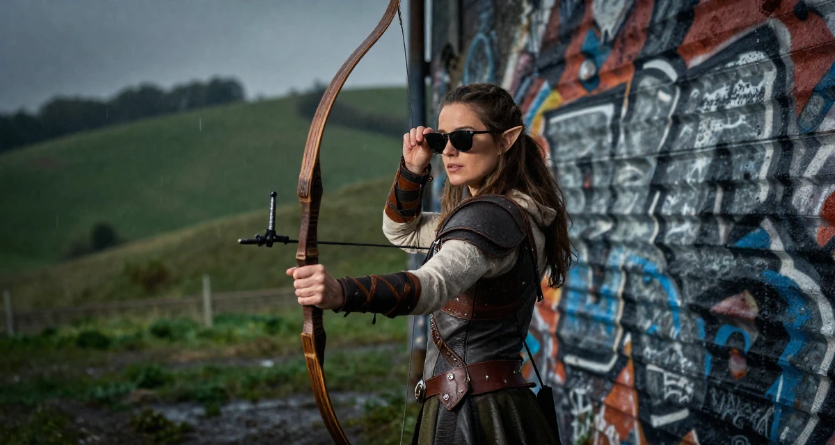 A bewitching Female From Rotterdam Netherlands, majored in logistics management in their 22, learning workplace expectations and boundaries, wearing a fantasy elven archer outfit with leather armor details, putting on sunglasses in a graffiti art wall.