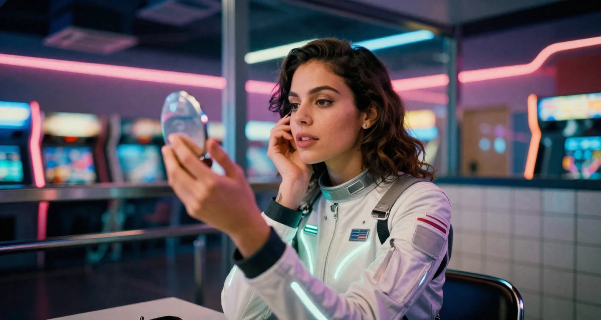 A unbothered Female From Los Angeles USA, trained in acting and sensual performance in their 25, discovering how lighting makes soft sensual vibes pop, wearing a futuristic space pilot plugsuit with glowing lines, checking makeup in a compact mirror in a arcade room with neon lights.