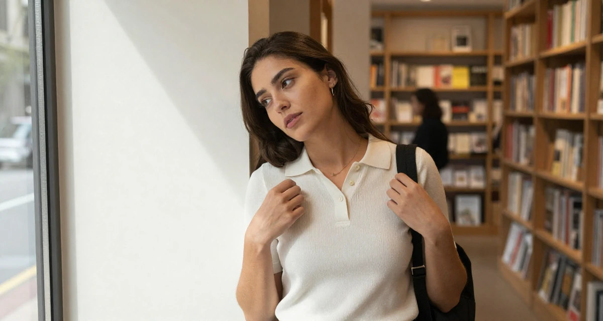 A harmonious Female From Spain, based in Barcelona, graduated from a fashion institute majoring in body styling in their 22, realizing that “overnight success” is a lie, wearing a smart knit polo, adjusting a backpack strap in a bookstore aisle.