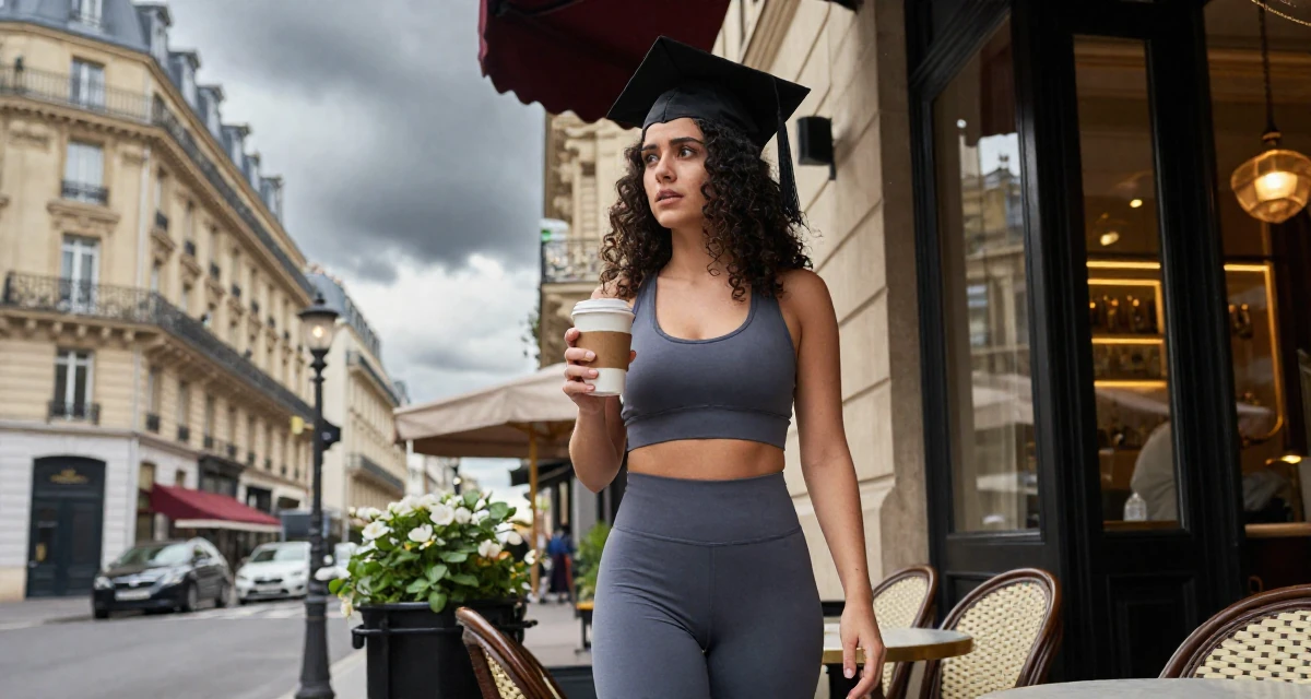 A expectant Female From USA, majored in journalism and media studies in their 21, feeling the pressure of impending graduation, wearing a fitted athletic wear, holding a cup of coffee in a luxury spa room.