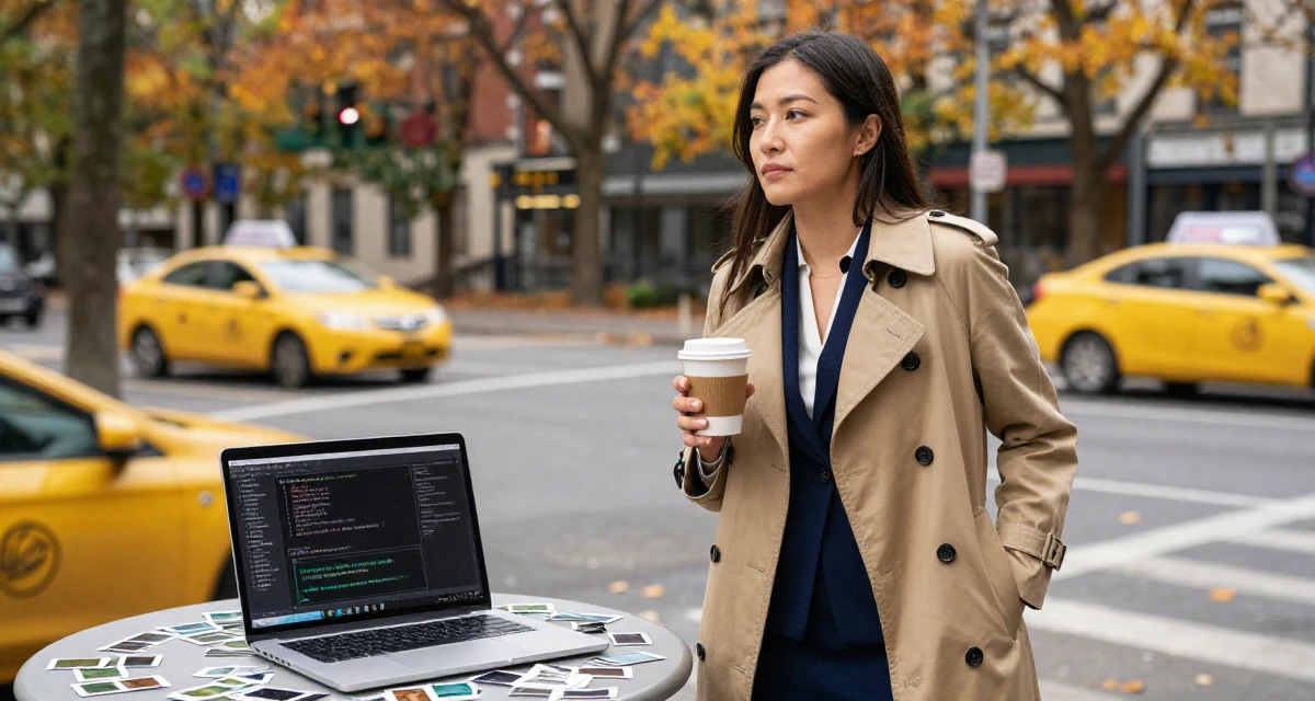 A tranquil Female From Chinese-speaking regions, majored in marketing analytics in their 33, teaching coding and tech skills online, wearing a classic trench coat worn over a business dress, holding a cup of coffee in a autumn forest.