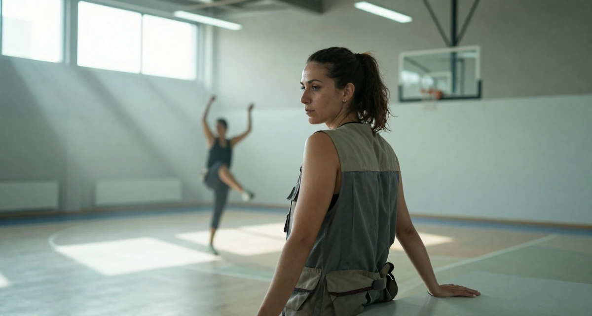 A mellow Female From Athens Greece, learned movement expression through traditional dance in their 43, balancing a demanding career with self-care, wearing a urban explorer utility vest look, resting hands on a table in a basketball court.