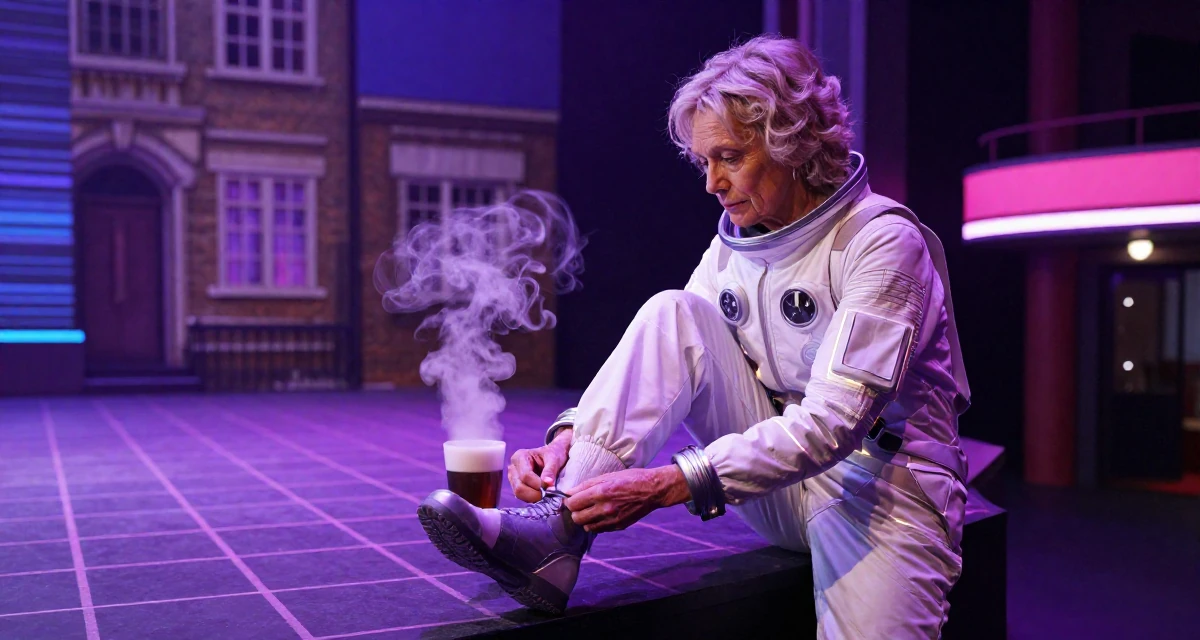 A introspective Female From UK, studied fashion marketing in London in their 48, grandmother sharing joy and family recipes, wearing a futuristic space pilot plugsuit with glowing lines, tying a shoelace in a theater stage.