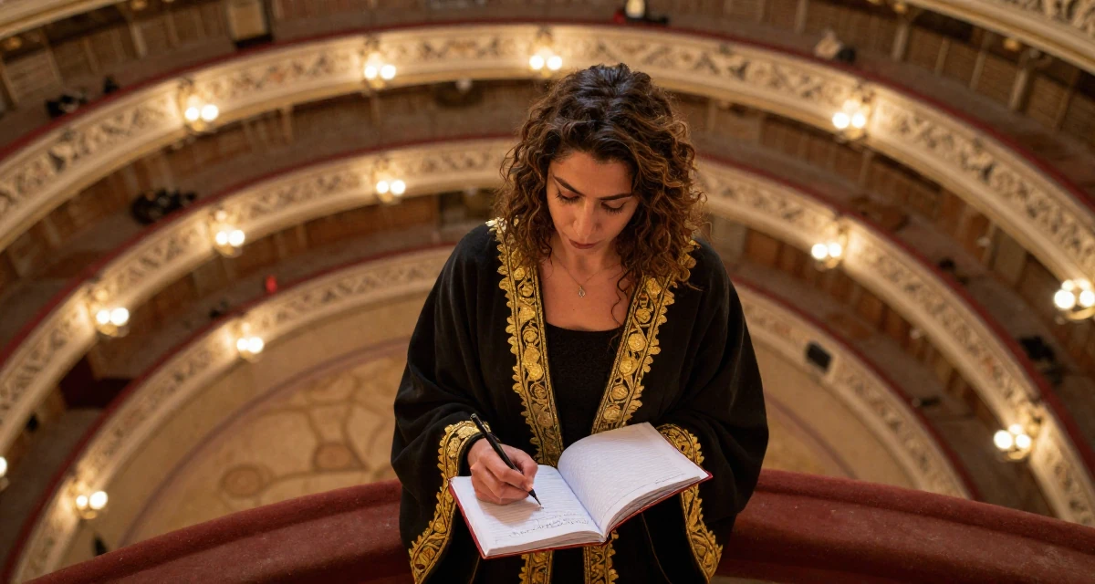 A fearless Female From Libya, studied marine engineering in their 31, re-evaluating long-term career goals, wearing a high-fantasy sorceress robe with gold embroidery, writing in a notebook in a opera house balcony.