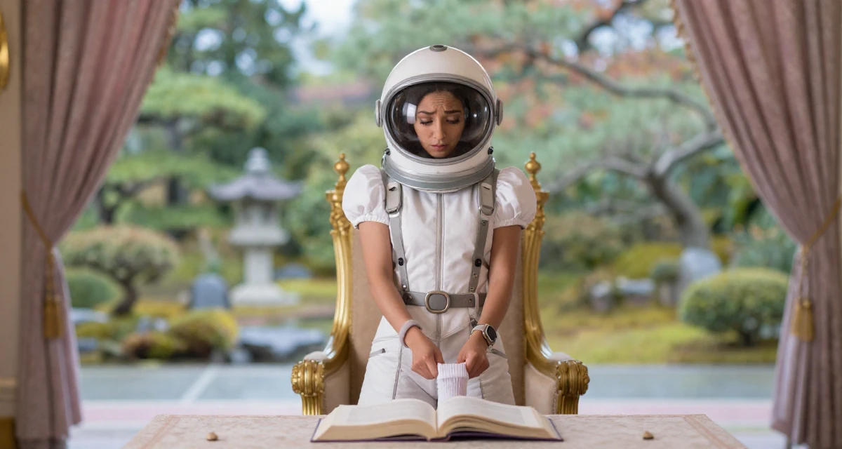 A magnetic Female From Ethiopia, studied software development in their 25, dealing with anxiety about first paying subscribers, wearing a retro sci-fi space girl outfit with a bubble helmet, pulling up a sock in a royal palace throne room.