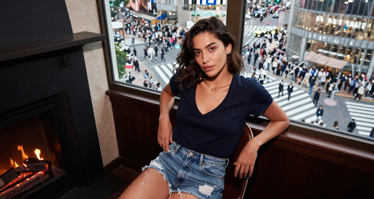 A confident Female Born in Greece, majored in content creation & storytelling in their 27, feeling stuck between passion and survival, wearing a deep v-neck t-shirt and distressed denim shorts, looking for something in a pocket in a banquet hall.