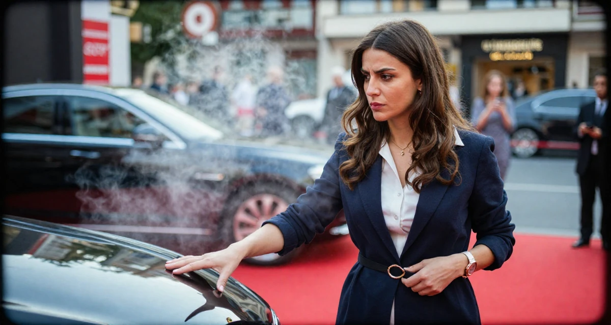 A unimpressed Female From Turkey, has a degree in tourism management in their 55, exploring digital entrepreneurship, wearing a modern casual lifestyle wear, fixing a belt buckle in a red carpet event.