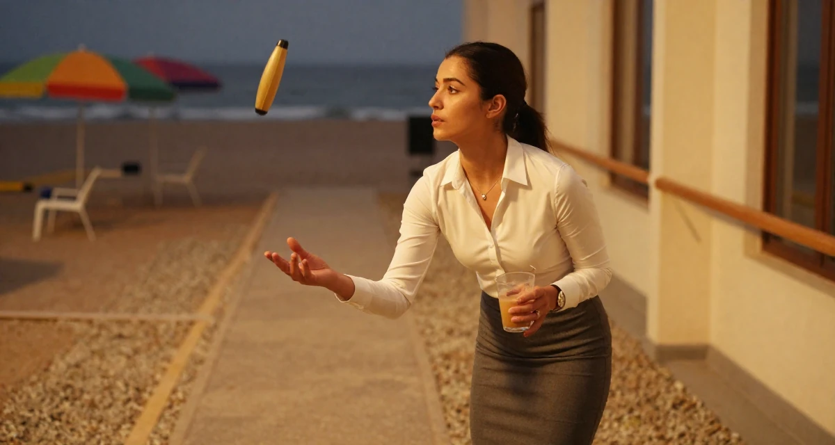 A pensive Female Previously a hairstylist, now showcasing transformation-driven content in their 25, juggling early career and side gigs, wearing a office lady pencil skirt and tight white shirt, holding a cold drink in a ballet studio.