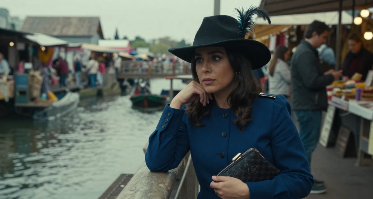 A mysterious Female Former volunteer teacher, now crafting empowering creator narratives in their 30, weighing long-term health against constant digital hustle, wearing a royal musketeer tunic with a feathered hat, clutching a clutch bag in a bustling market.