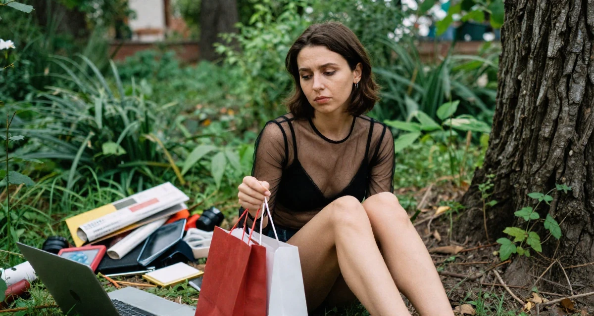 A bashful Female From Ukraine, based in Odessa, graduated from a design academy majoring in aesthetic content creation in their 30, freelancing after a layoff, wearing a sheer mesh top layered over a black bralette, holding a shopping bag in a magical forest clearing.
