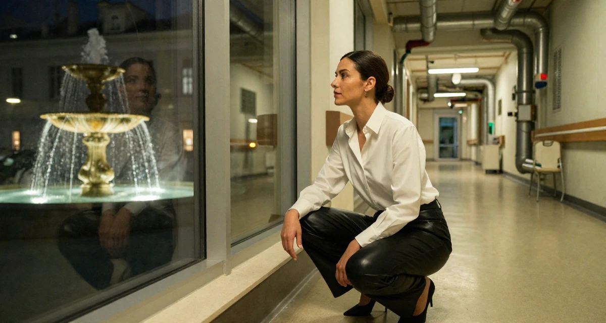 A sophisticated Female From Switzerland, based in Geneva, graduated from a local university majoring in communication management in their 30, embracing a new level of self-assurance, wearing a black leather trousers and a crisp white blouse, looking out the window in a hospital corridor.