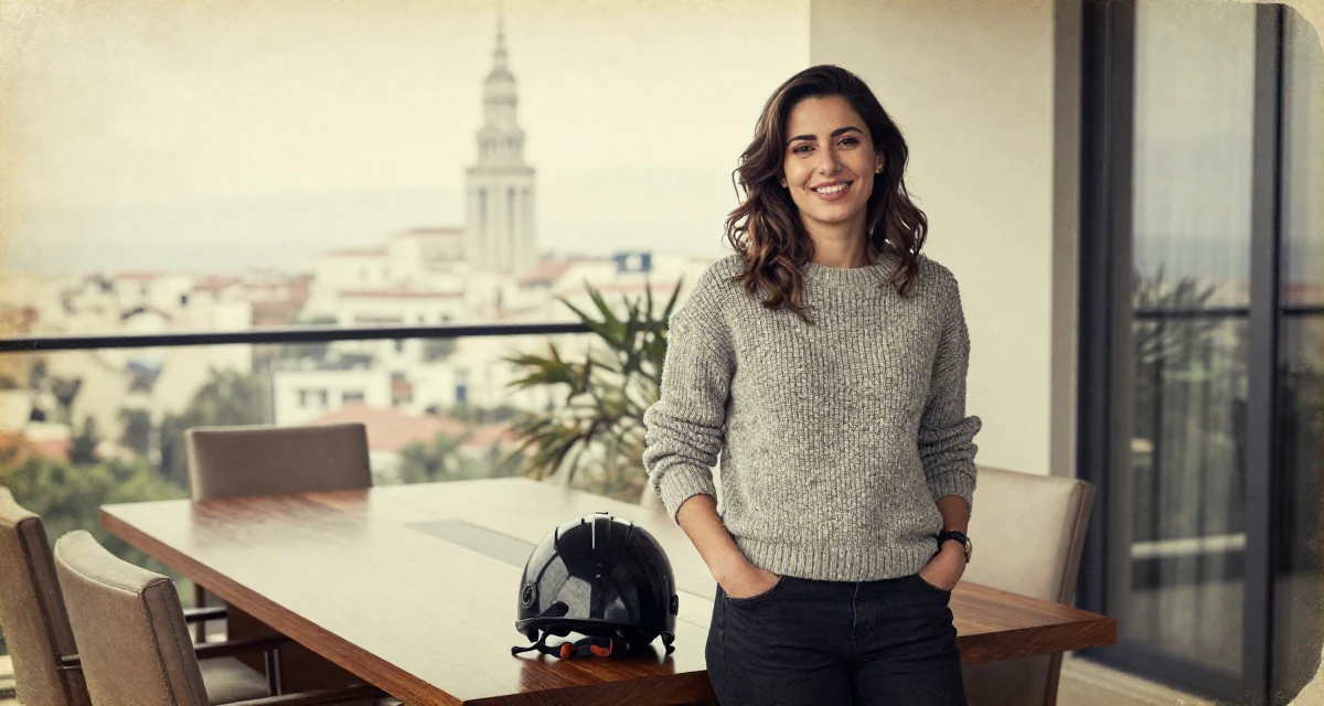 A cheerful Female From Turkey, based in Antalya, graduated from a film school majoring in mood-driven visual expression in their 30, first-time entrepreneur building a startup, wearing a textured wool sweater, holding a helmet in a luxury penthouse balcony.