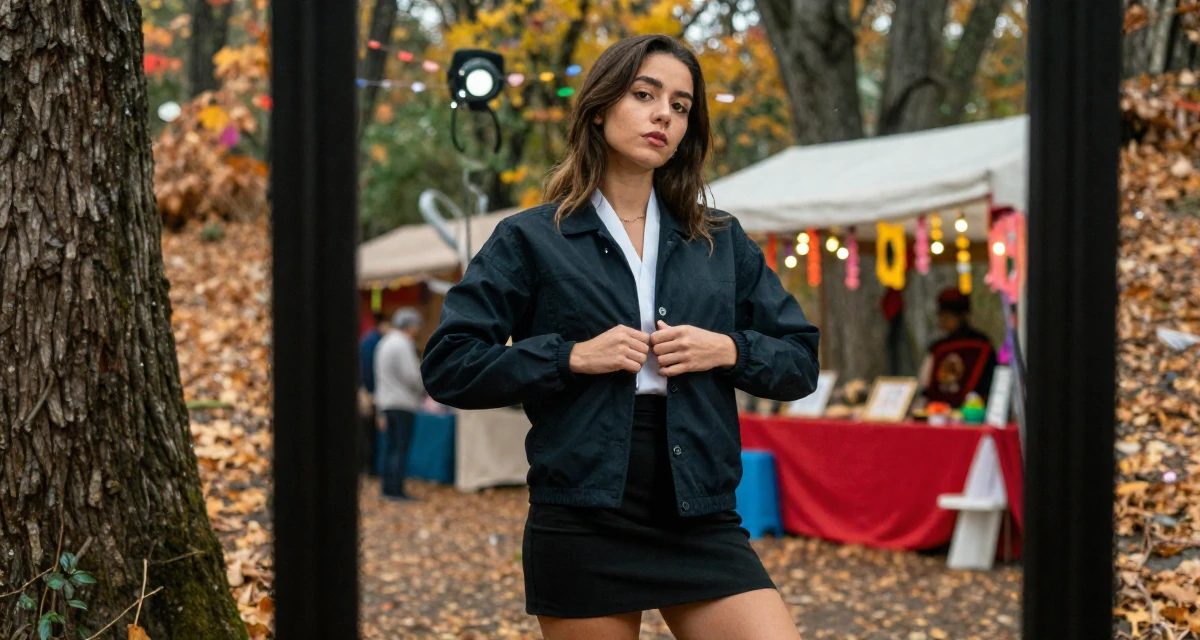 A contemplative Female From Mexico, majored in law in their 24, taking care of their physical health consistently, wearing a shrine maiden outfit with a short hakama skirt, buttoning up a jacket in a autumn forest.